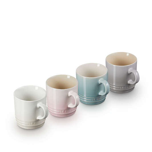 Le Creuset Calm Collection Cappuccino Mugs, in a set of 4 soft pastel colours.