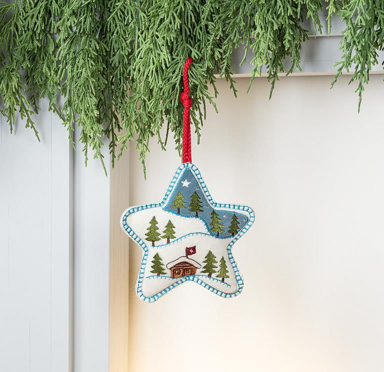 Cabin Scene Star Embroidery Ornament