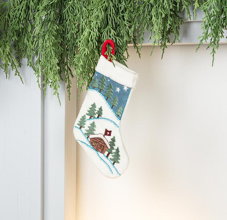 Embroidery Stocking Cabin Scene