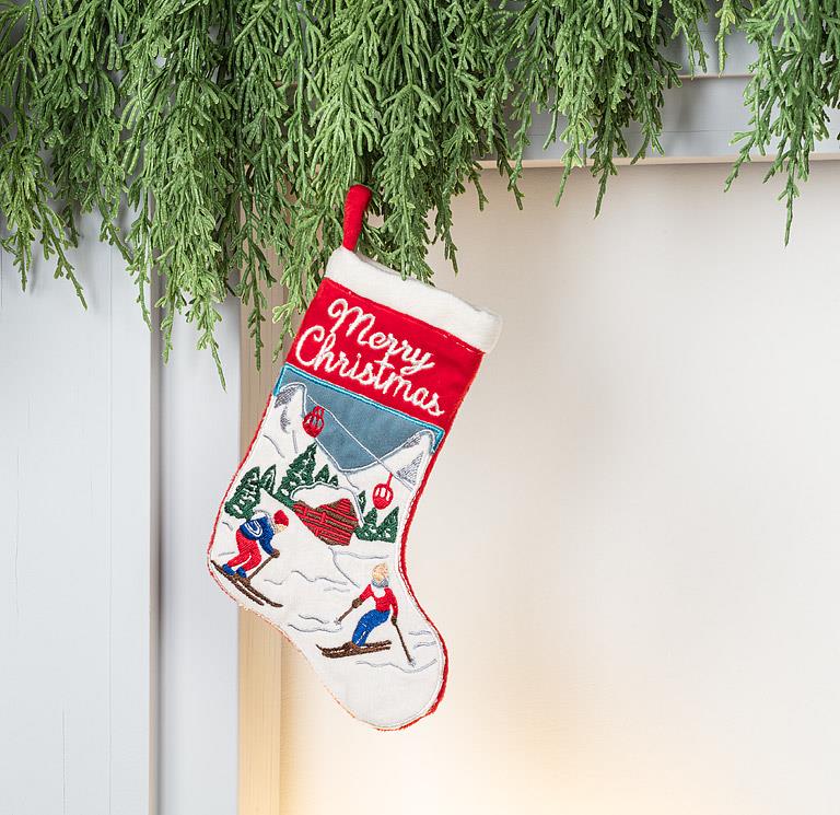 Embroidery Stocking Skiing Scene