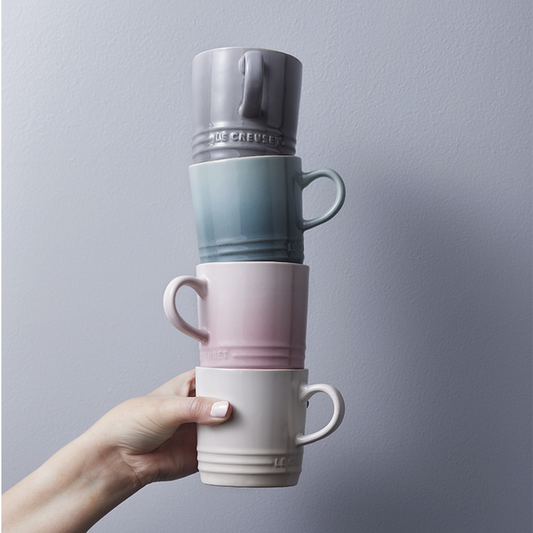 Le Creuset Calm Collection 4 Cappuccino Mugs in soft pastel colours, perfect gift.