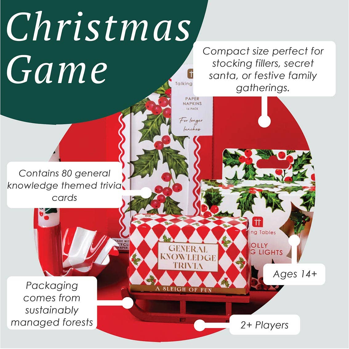 Christmas Mini Sleigh - General Knowledge Trivia  (80 cards)